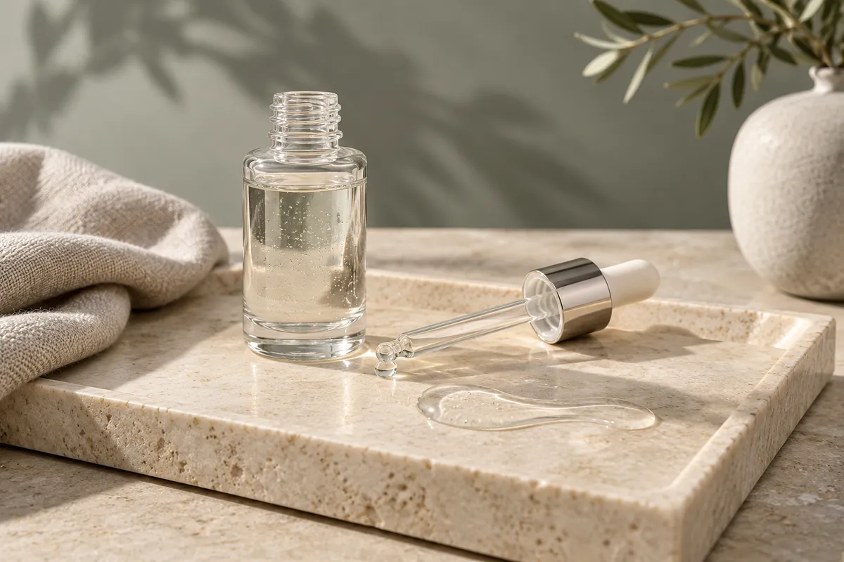 Original editorial illustration of generic serum and a glass dropper