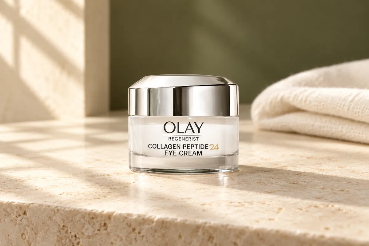 AI-generated product scene representing Olay Regenerist Collagen Peptide24 Firming Eye Cream, fragrance-free packaging