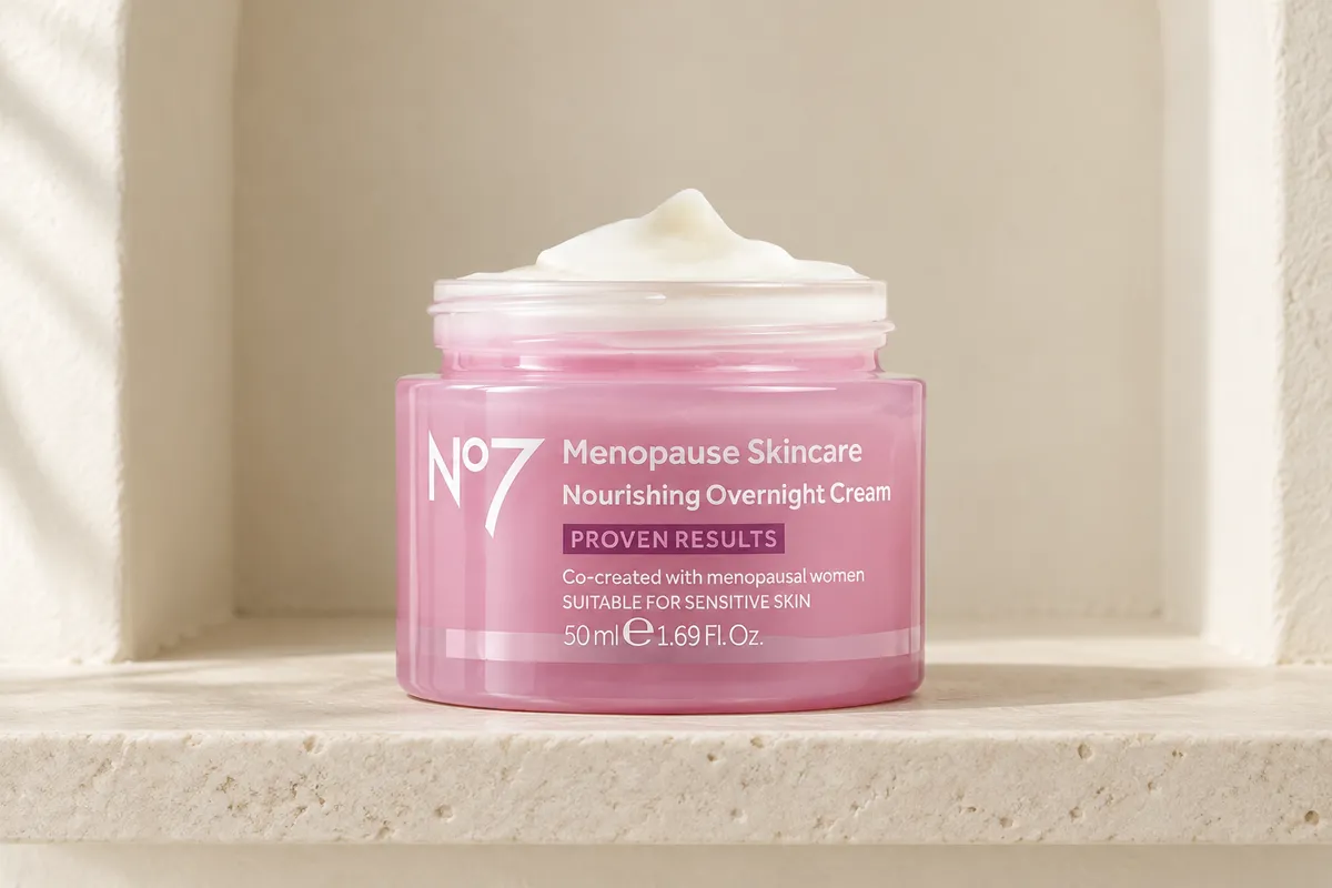 No7 Menopause Skincare Nourishing Overnight Cream, 50 ml, on a bathroom shelf (illustrative AI-generated scene)