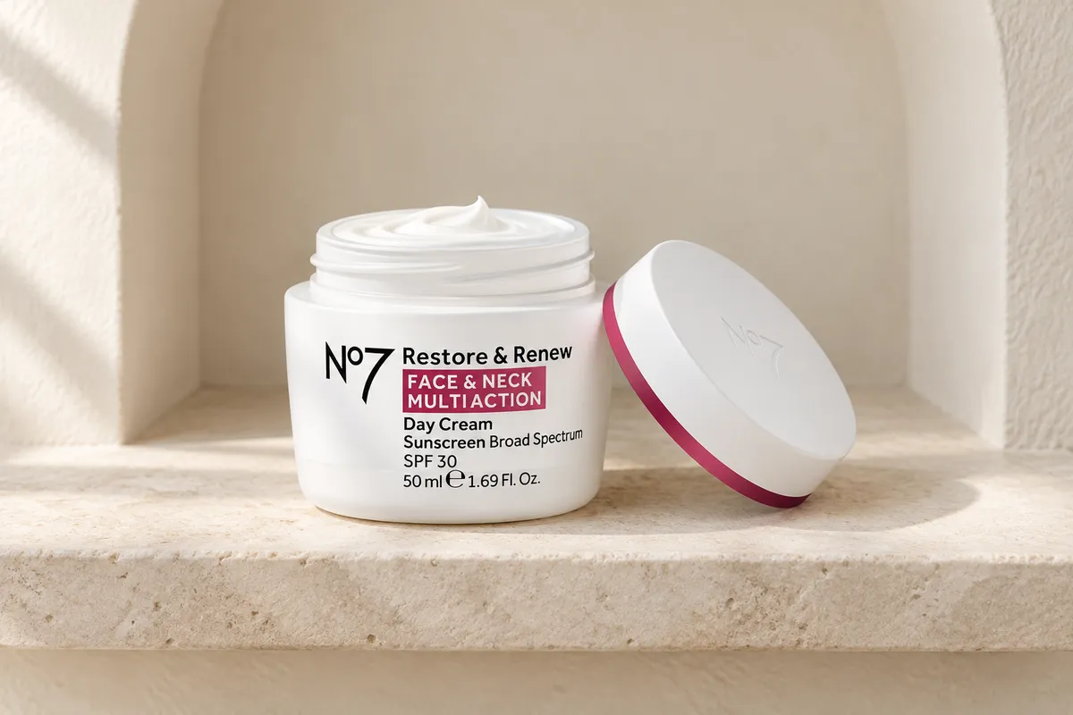 No7 Restore & Renew Face & Neck Day Cream SPF 30, 50 ml, su una mensola del bagno (scena illustrativa generata dall’IA)