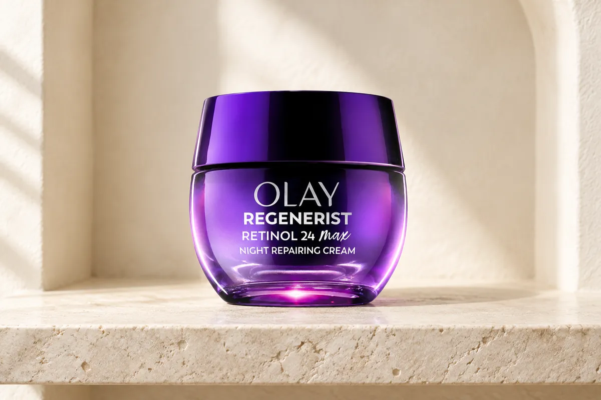 Olay Regenerist Retinol24 MAX Night Moisturizer, 1.7 oz, on a bathroom shelf (illustrative AI-generated scene)