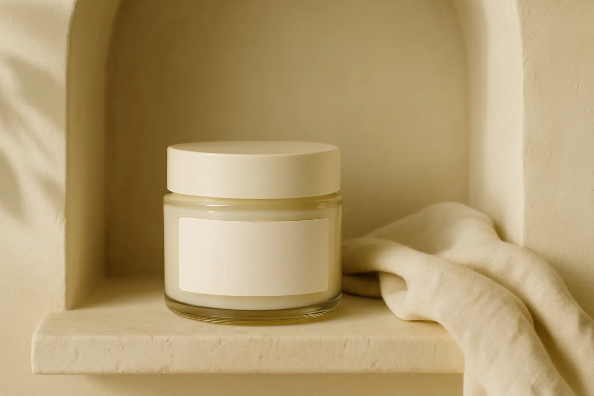 Unbranded neck cream jar (not the reviewed product), illustrative, on a bathroom shelf (illustrative AI-generated scene)