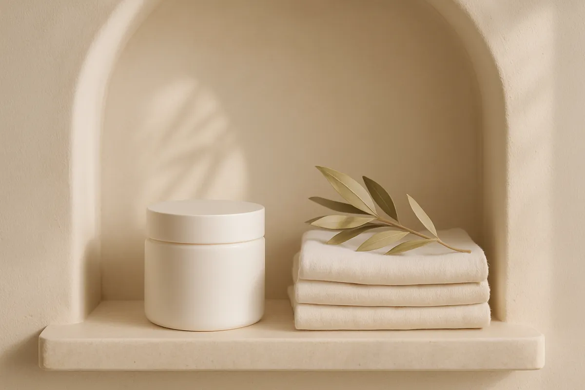 Unbranded neck care still life (not a product photograph), illustrative, on a bathroom shelf (illustrative AI-generated scene)