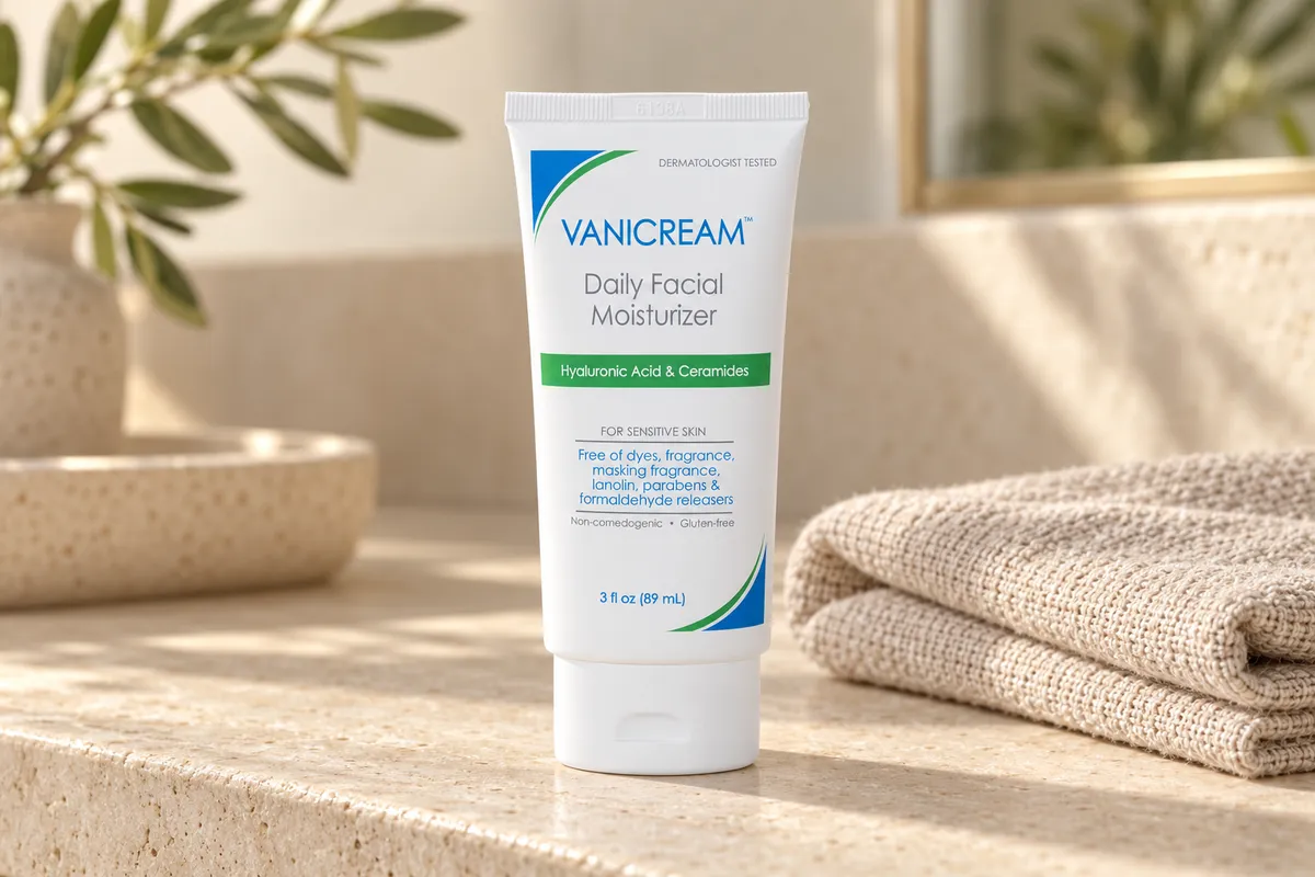 AI-generated editorial scene depicting Vanicream Daily Facial Moisturizer, 3 fl oz