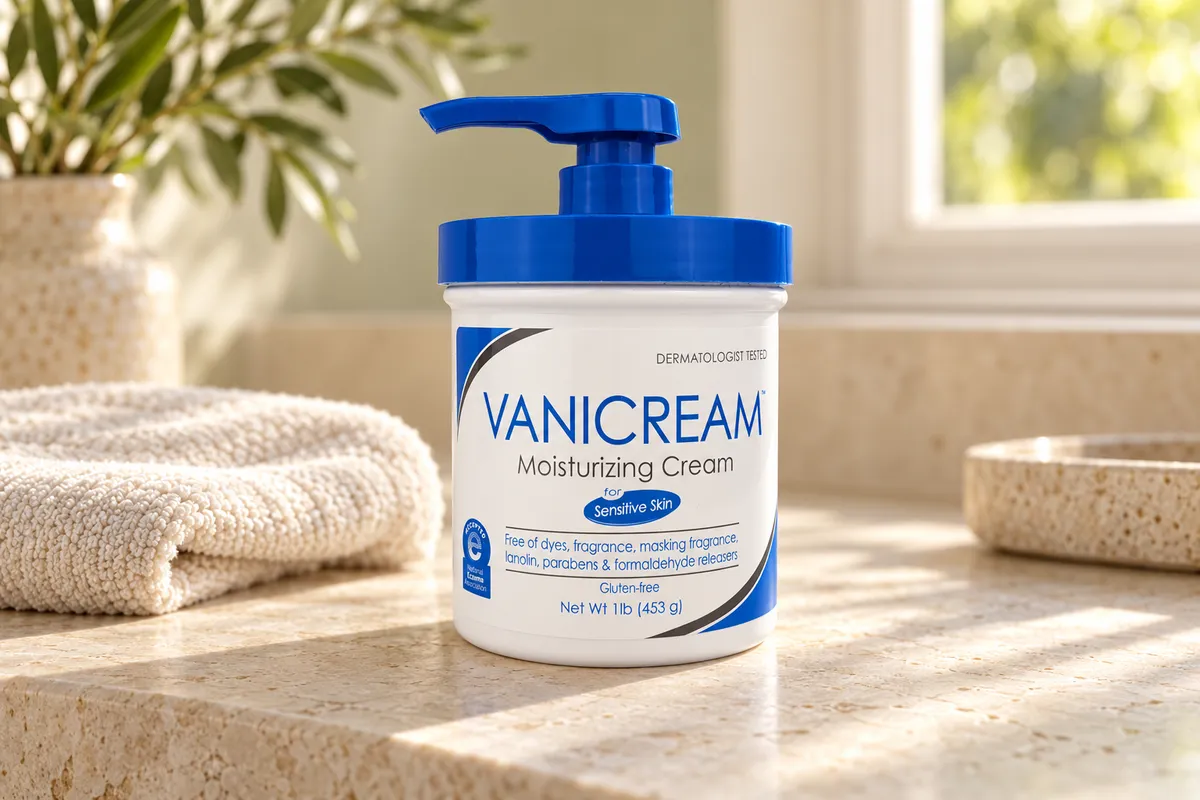 AI-generated editorial scene depicting Vanicream Moisturizing Cream, 16 oz pump