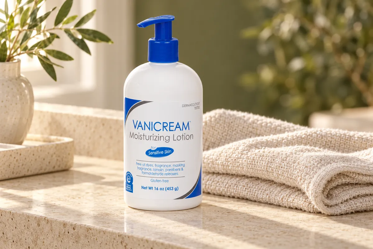 KI-generierte redaktionelle Szene mit Vanicream Moisturizing Lotion, 16 oz-Pumpspender