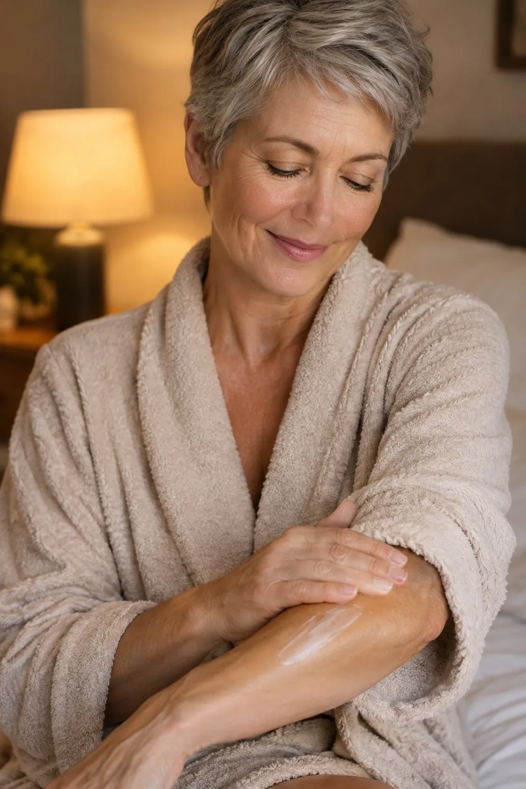 A woman in her late 50s applies body lotion to her forearm in warm lamp light