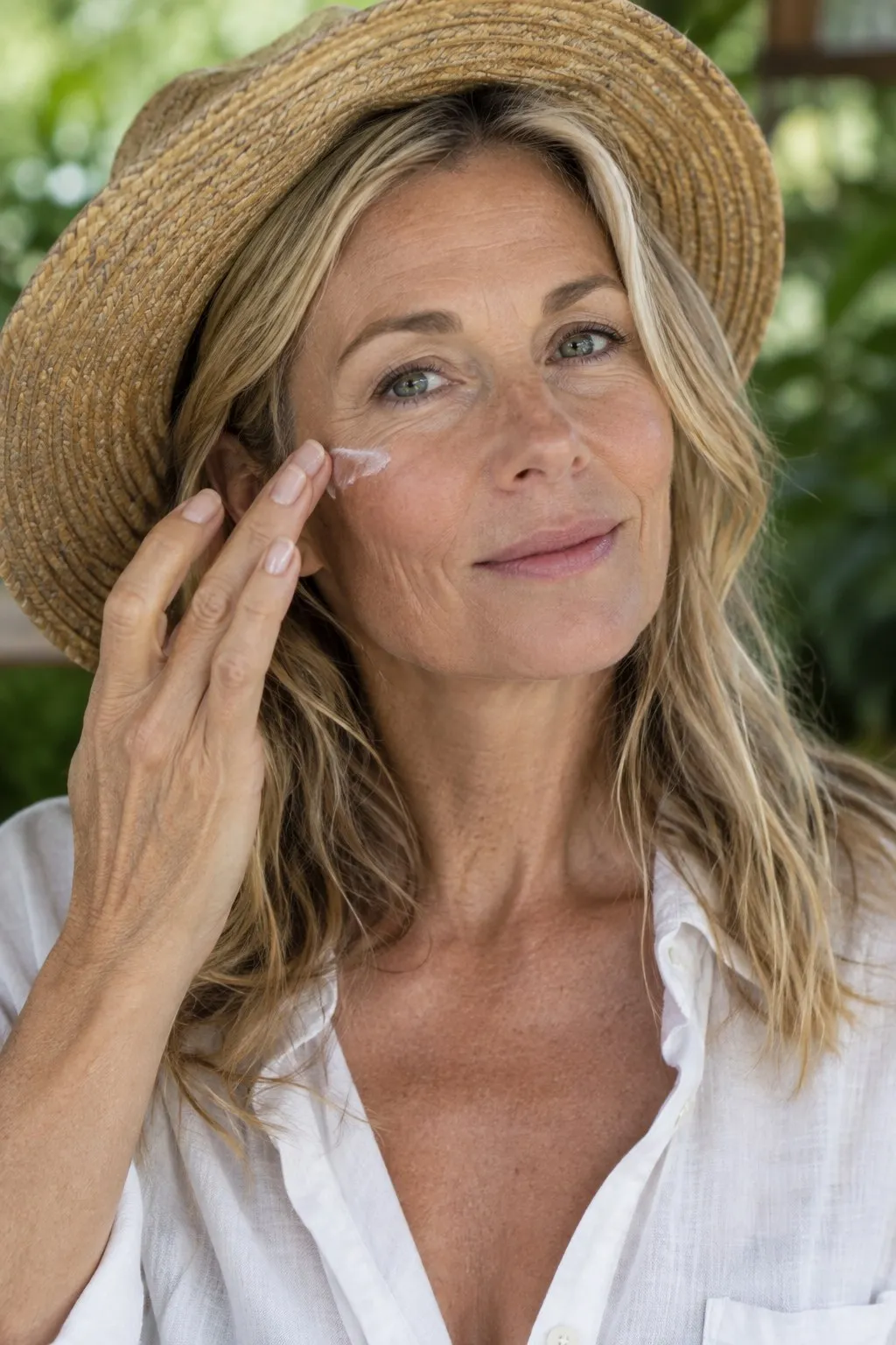 A woman in her 50s smooths cream onto her cheekbone in the shade
